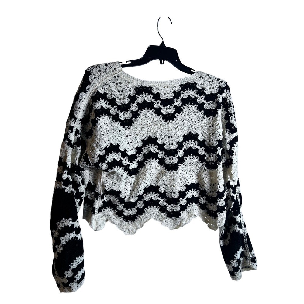 Rebellion Crochet Sweater L Black White Chevron Knit Cropped Top Women